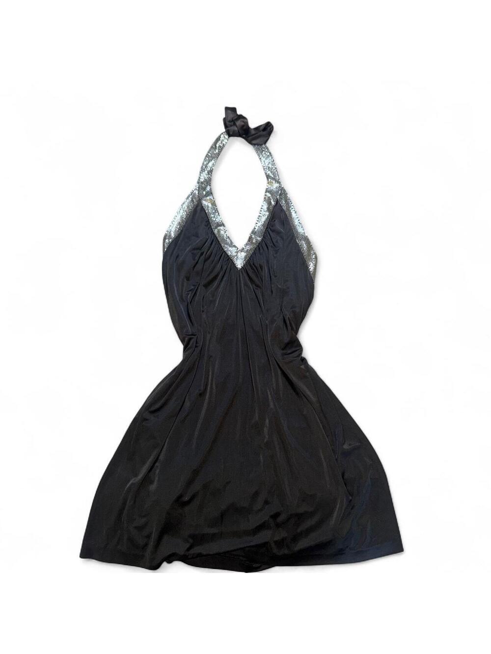 Vintage BCBG Max Azria black silver chainmail halter mini dress